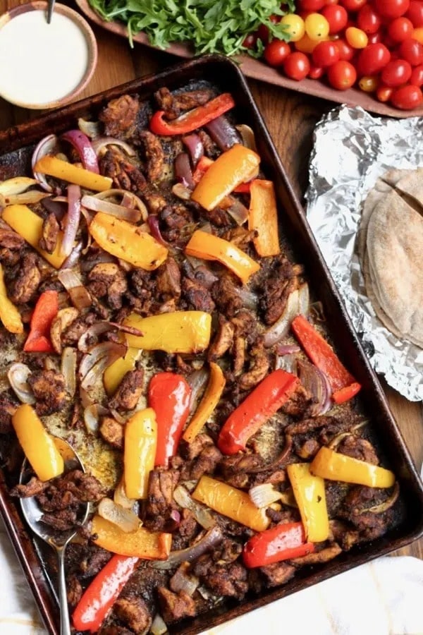 easy-paleo-chicken-shawarma-dinn Chicken shawarma cooked in a sheet pan.