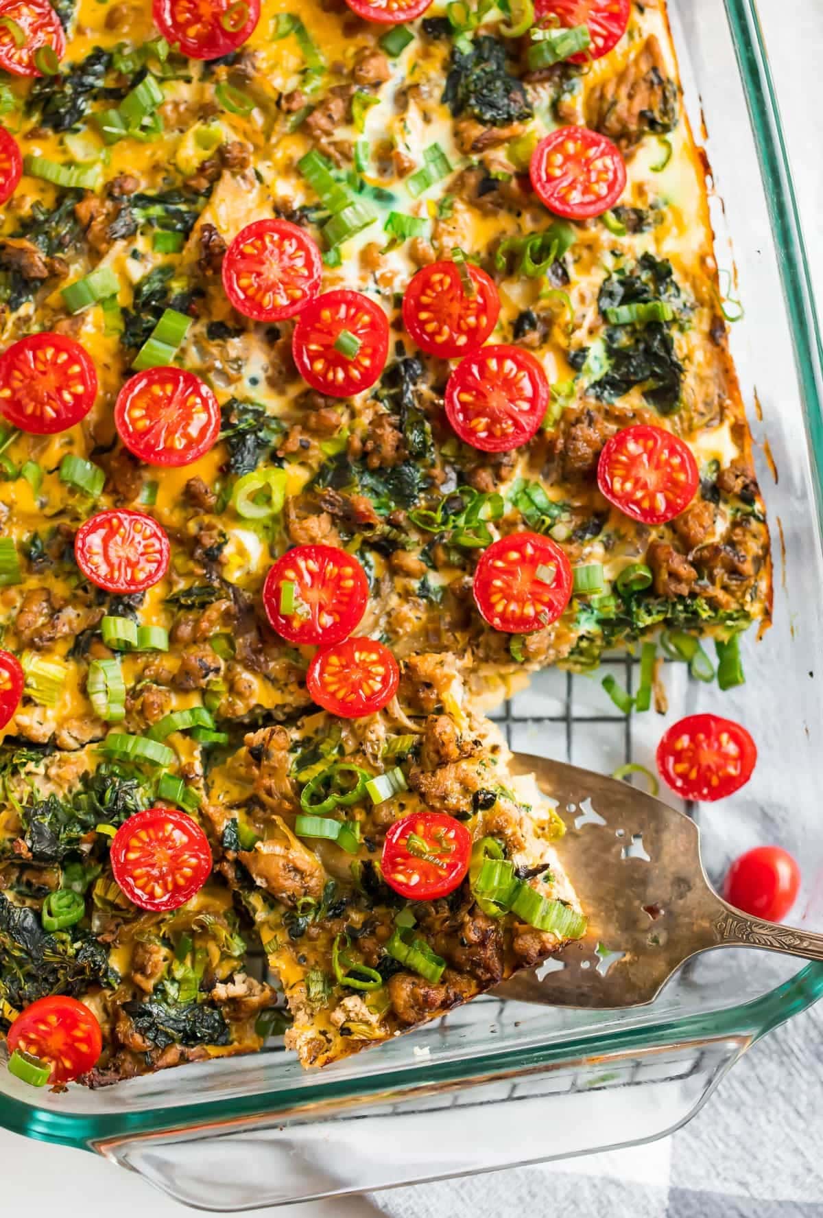 Whole30 breakfast casserole on a glass baking dish.